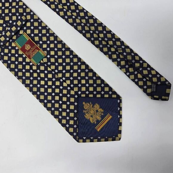 EQUESTRIAN FIRENZE SILK TIE BLUE YELLOW GEOMETRIC FOULARD SATIN 3.75" X 60" - Picture 2 of 2